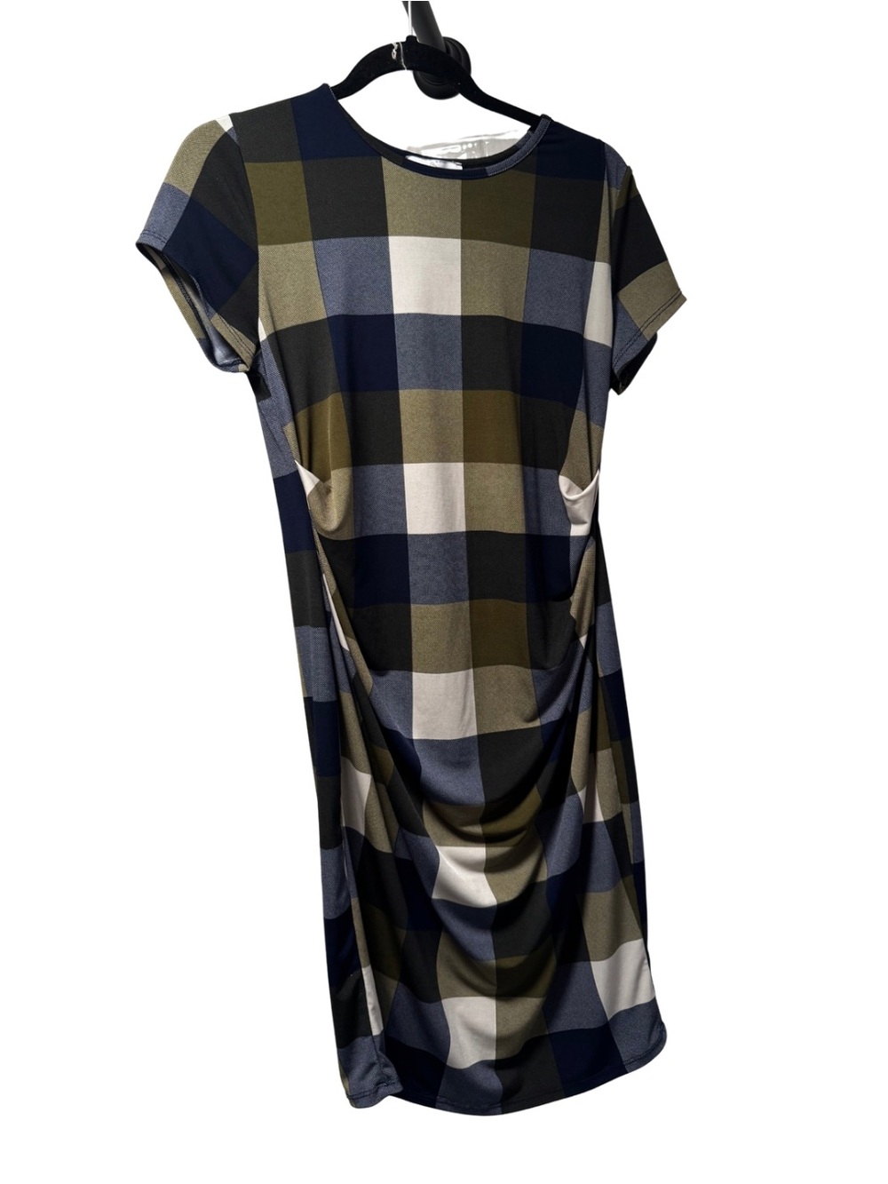 Plaid Short Sleeve Shift Maternity Dress in Navy, Olive & Cream